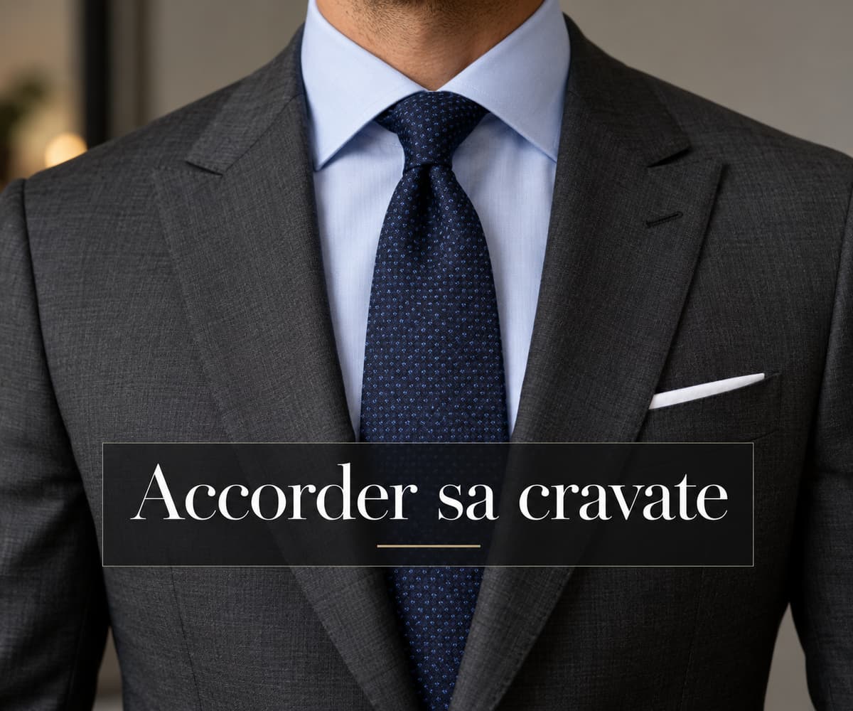 Buste d'un homme sans visage portant une cravate assortie à son costume, avec col et revers visibles, et le texte 'Accorder sa cravate' affiché en surimpression.