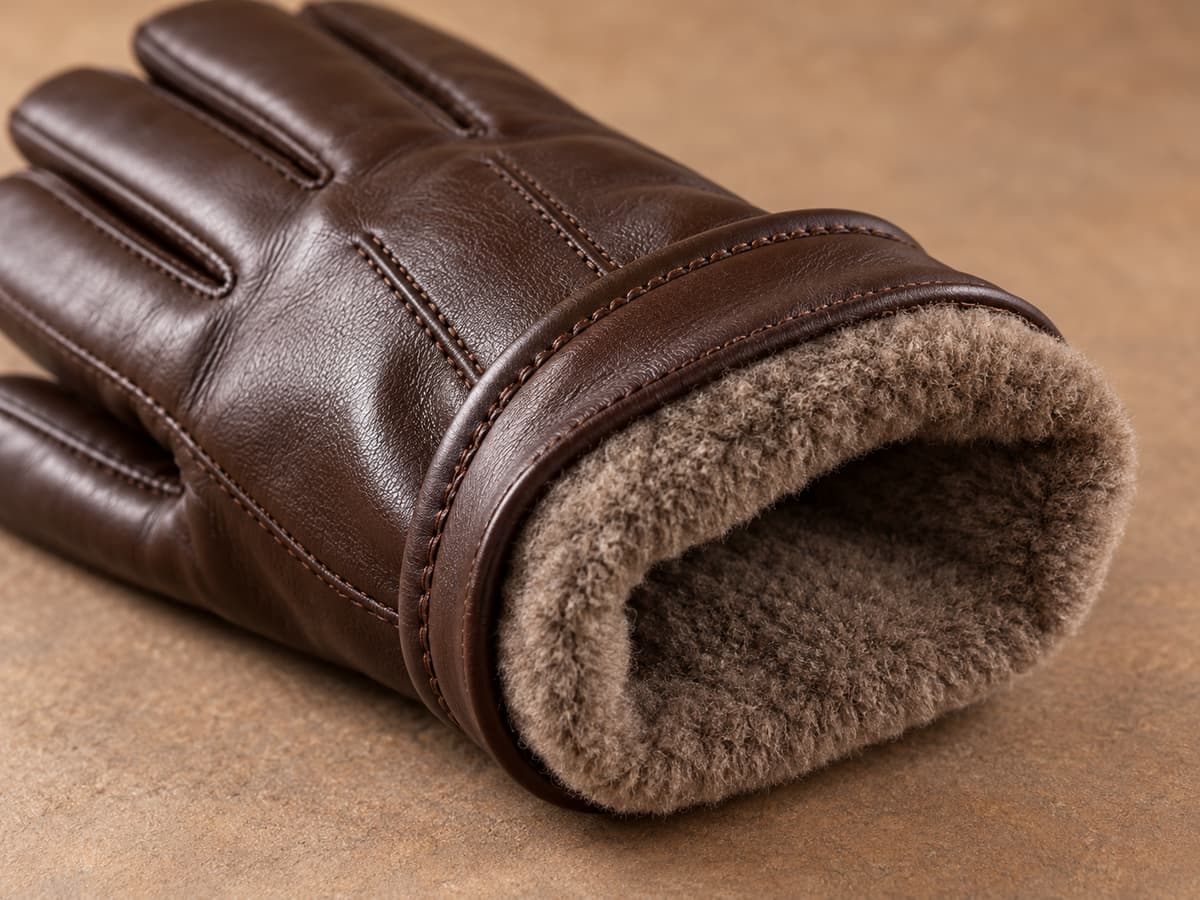 Gros plan d’un gant en cuir au poignet légèrement retourné laissant apparaître une doublure épaisse à fibres courtes.