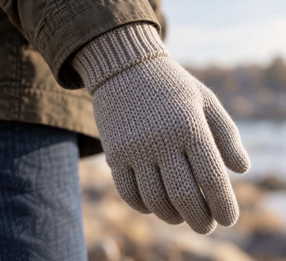 Gros plan d’une main portant un gant en maille sobre dont les boucles de tricot et le poignet côtelé sont bien visibles sous une manche décontractée.