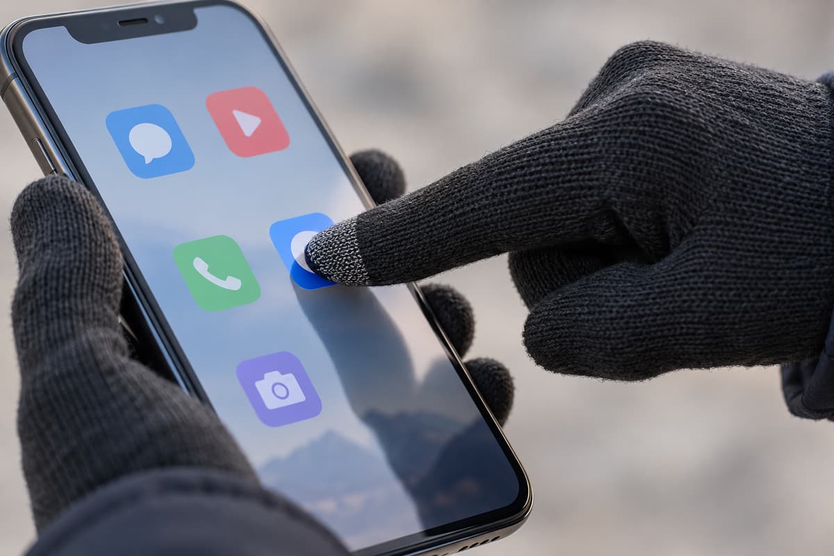 Gros plan d’un index ganté touchant une icône sur l’écran d’un téléphone tenu par une autre main, avec une zone conductrice discrète au bout du doigt.
