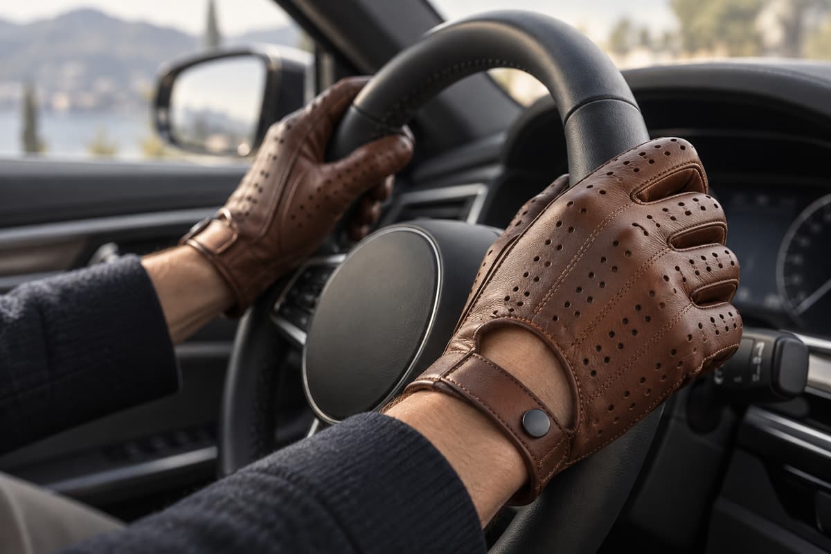 Deux mains portant des gants de conduite fins en cuir perforé tiennent naturellement un volant dans un habitacle de voiture sobre.