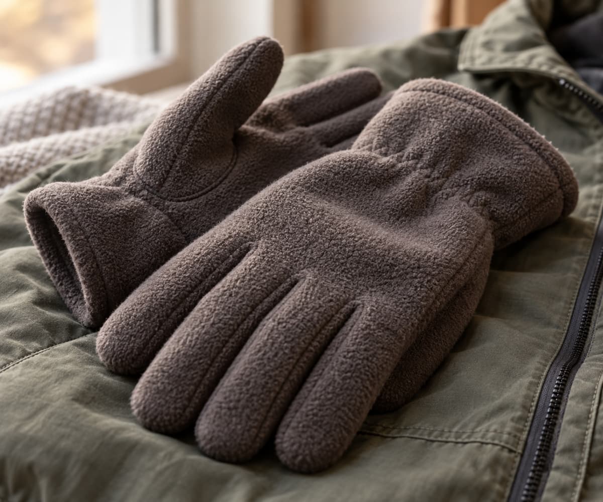 Paire de gants en polaire posée sur une veste décontractée, un gant légèrement de profil, avec texture duveteuse et coutures souples.