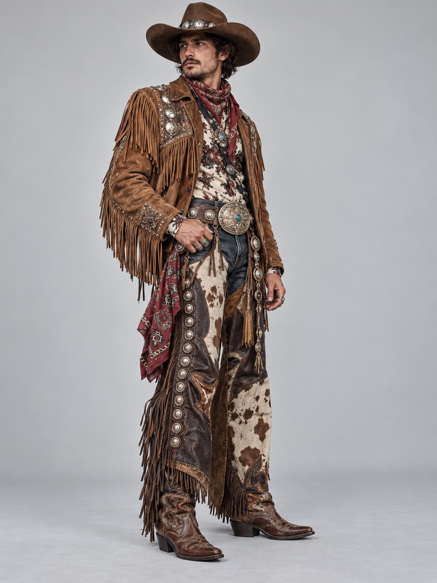 Homme portant des santiags avec un chapeau, un vêtement à franges et une large ceinture, silhouette surchargée d'accessoires western.