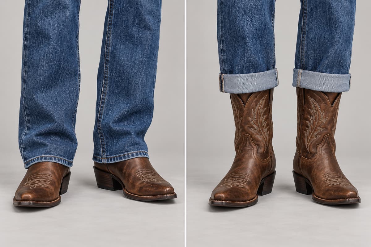 Comparaison entre un jean droit recouvrant partiellement la tige d’une botte santiag et un revers léger dégageant le haut de la même paire de santiags, sur fond gris neutre.