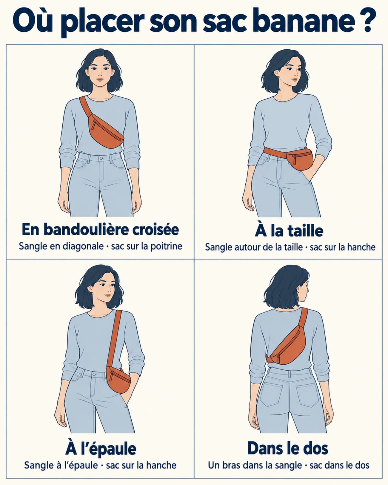 Quatre silhouettes montrent le sac banane porté en bandoulière croisée sur la poitrine, à la taille sur la hanche, depuis l’épaule sur la hanche et dans le dos, avec le trajet de chaque sangle.