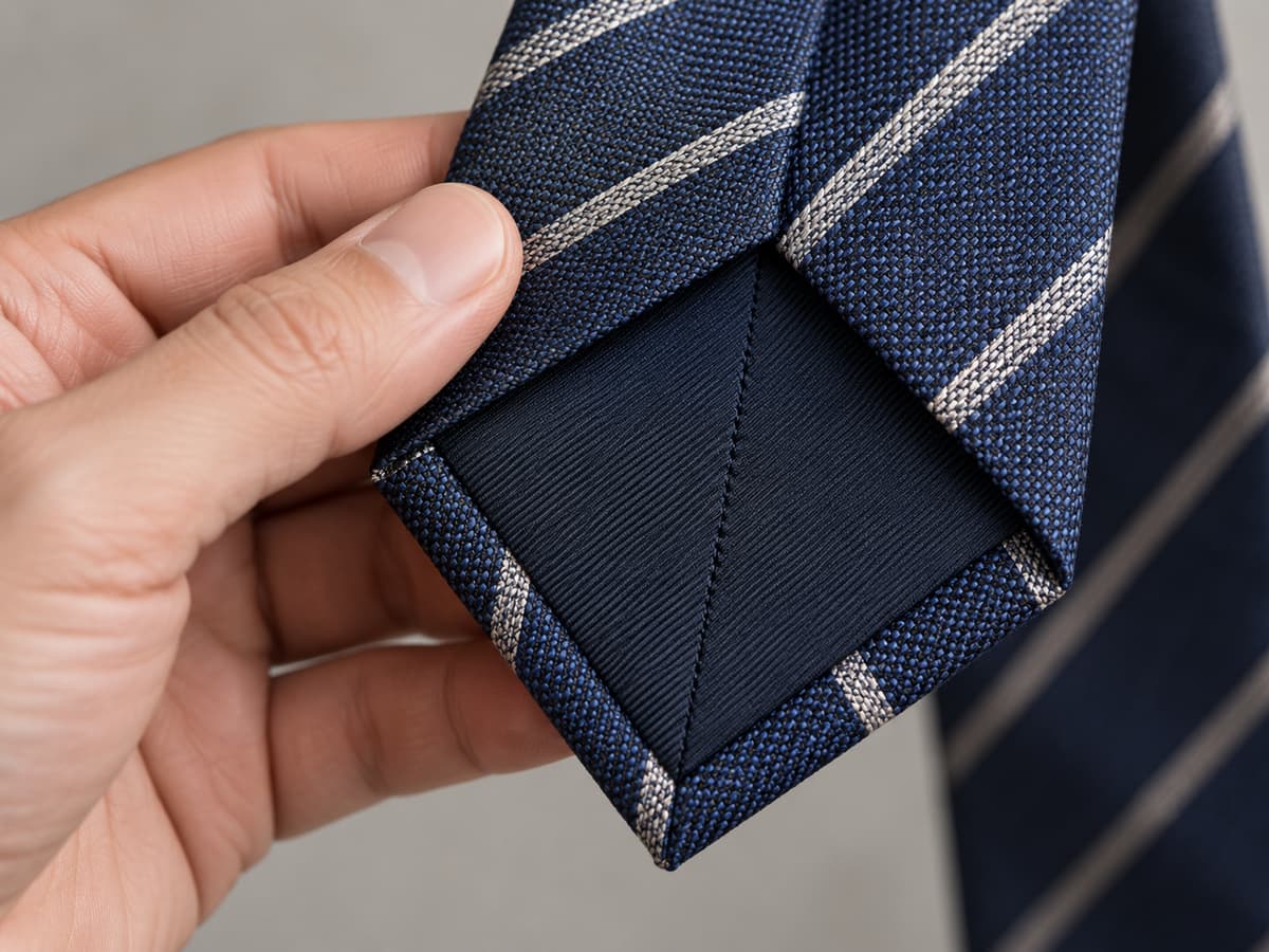 Main d'un homme examinant la pointe retournée d'une cravate, montrant une couture nette et un tissage serré bien visible.