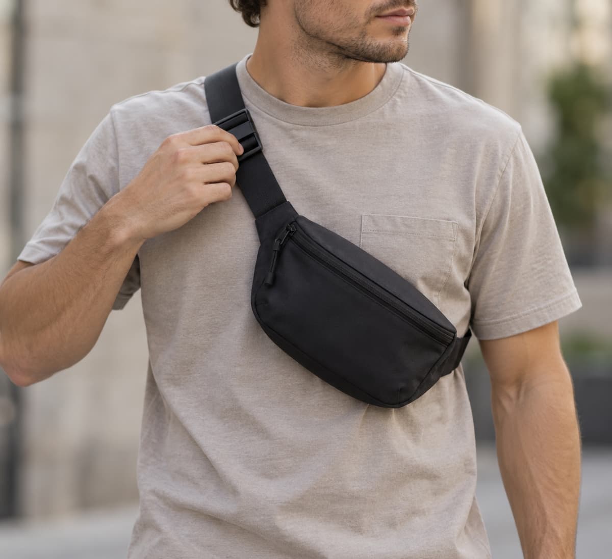 Main ajustant la sangle diagonale d'un sac banane posé sur la poitrine, bras libres.