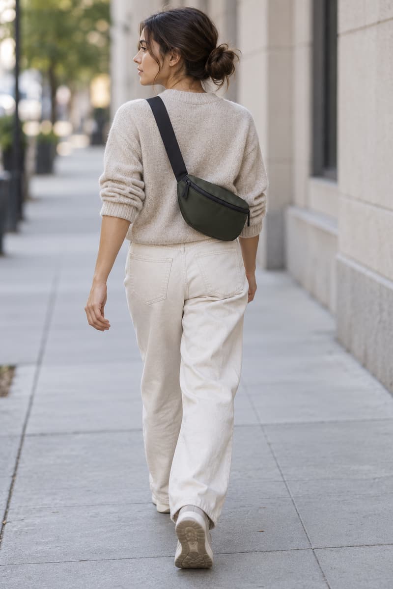 Personne en marche vue de trois-quarts arrière, portant un sac banane dans le bas du dos maintenu par une sangle qui traverse le torse.