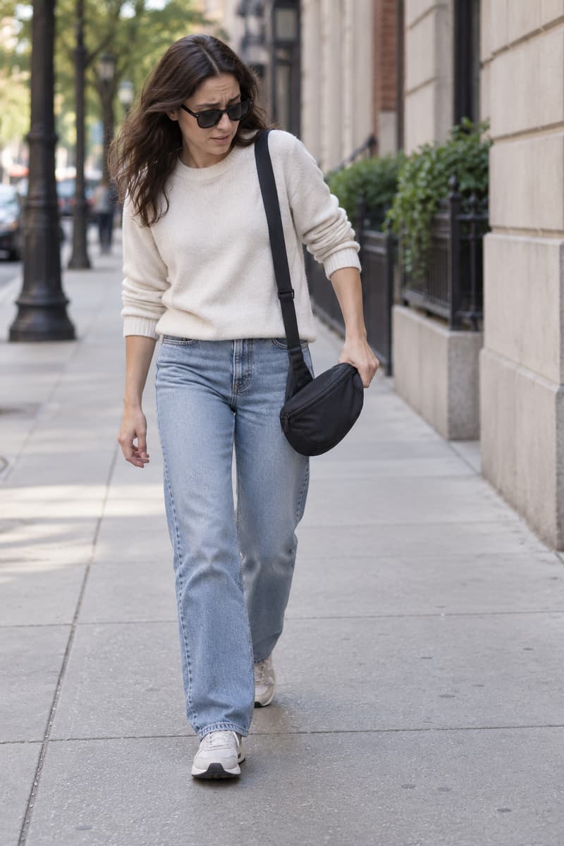 Personne marchant avec un sac banane porté sur une épaule, la sangle trop longue laissant glisser le sac vers l’avant tandis qu’une main le retient.