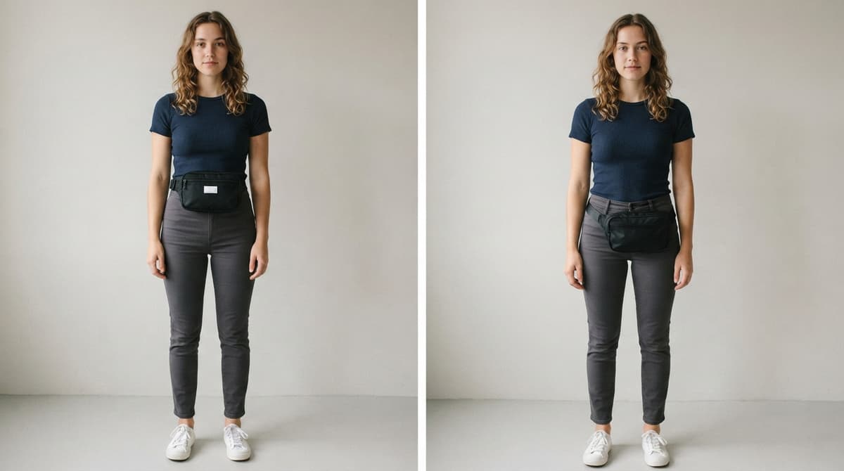 Deux vues de face d'une personne portant le même sac banane : à gauche, le sac est calé à la taille ; à droite, il est posé sur les hanches, la sangle serrée sur les vêtements et le sac ne pend pas.