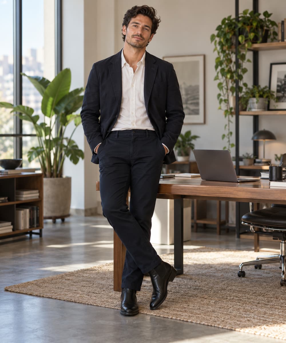 Homme dans un bureau décontracté portant un pantalon sombre, une veste simple et des santiags noires discrètes.