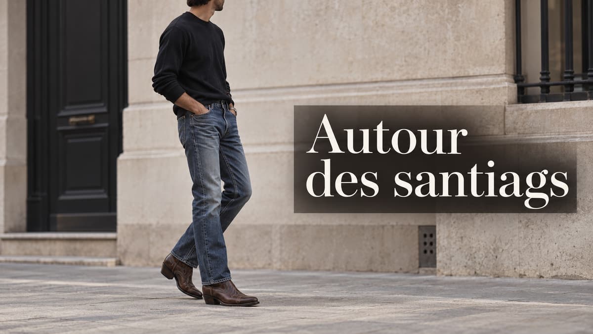 Homme en tenue urbaine sobre, jean droit et santiags, avec le texte « Autour des santiags » affiché en surimpression.