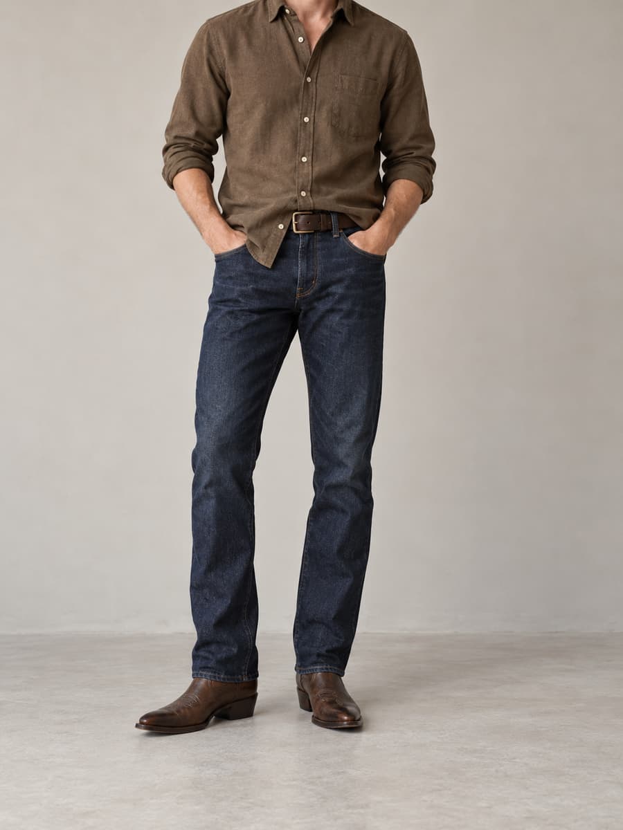 Homme debout portant un jean droit et une chemise unie aux tons terre, avec des santiags bien visibles, sur un fond neutre.