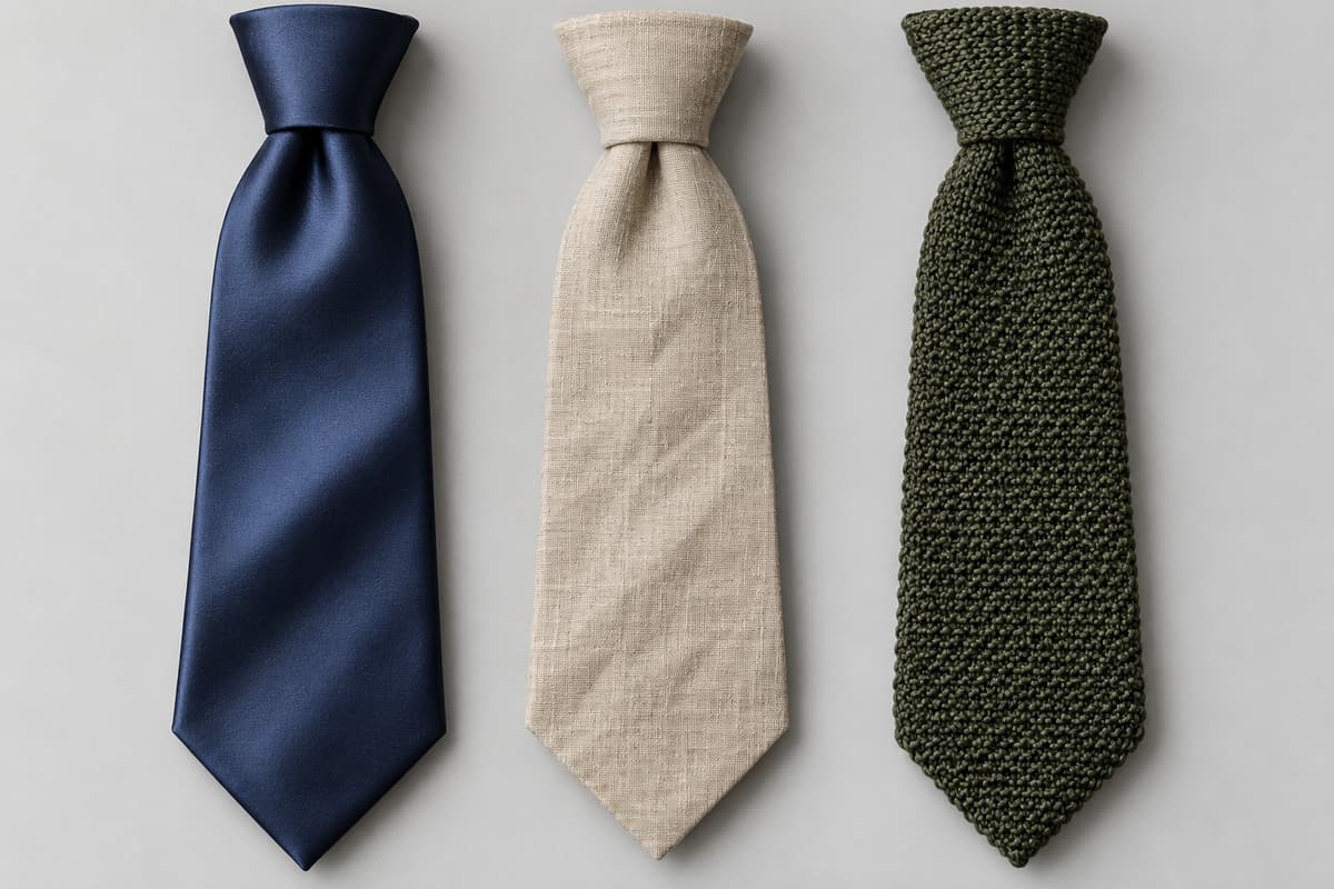 Trois cravates alignées sur fond neutre : soie bleue, lin beige, tricot vert.